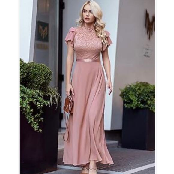 Womens Dusty Pink Floral Lace Butterfly Sleeve High Neck Maxi Formal Dress Small - Picture 5 of 16
